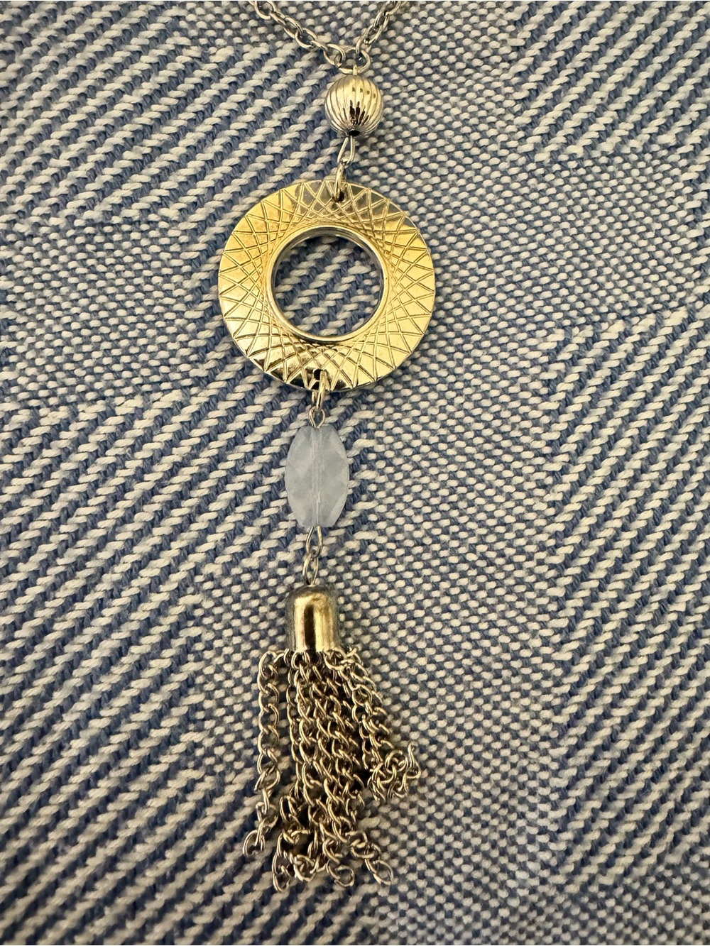 Gold-Tone Circle Pendant Tassel Necklace with Frosted Beads - Picture 2 of 6